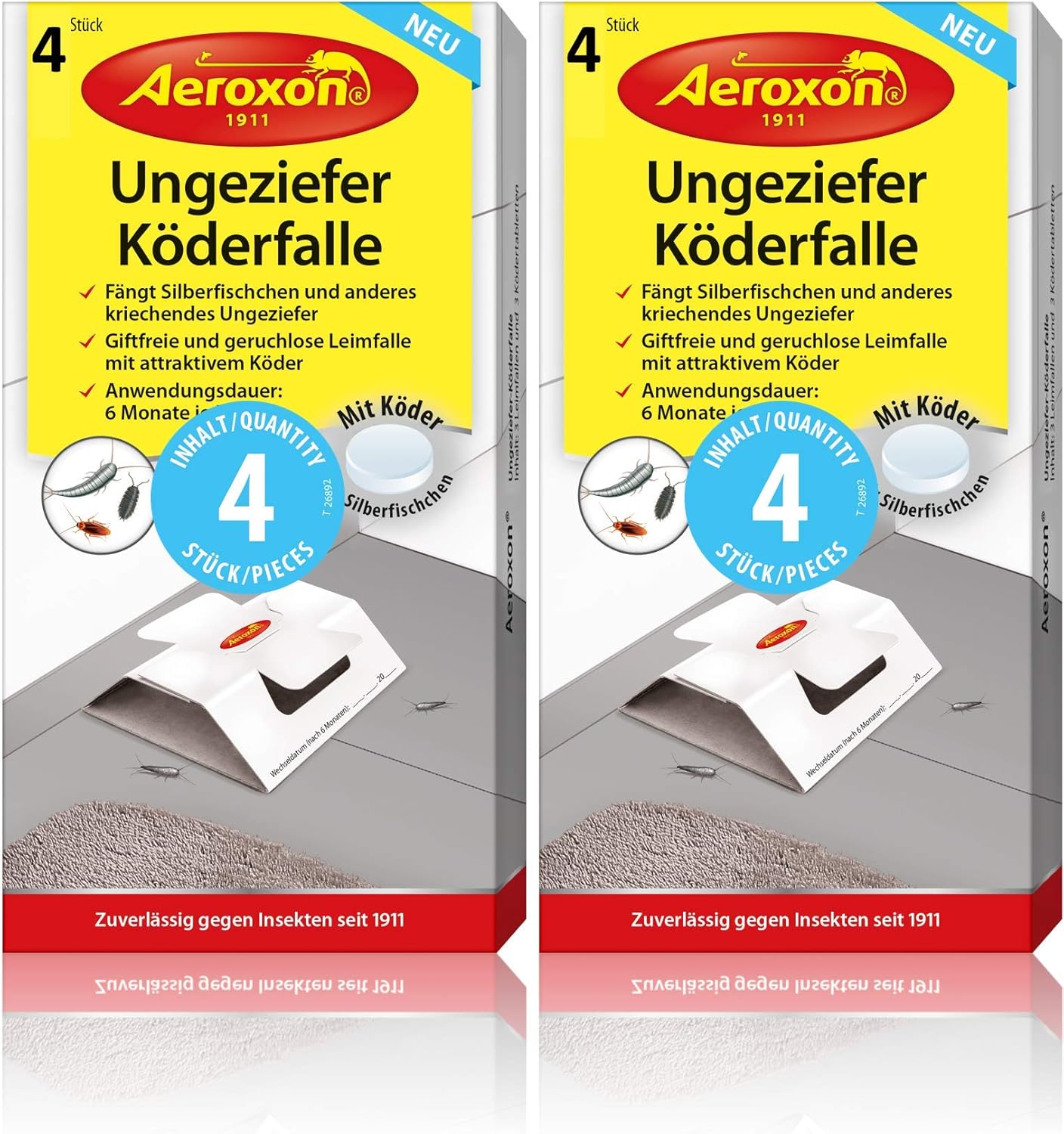 Aeroxon Ungeziefer Köder-Falle 8 Stück – zuverlässiges fangen von Ungeziefer – Schabenfalle, Silberfischfalle, Insektenfalle, auch gegen Kellerasseln und anderes kriechendes Ungeziefer