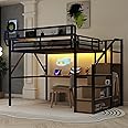 Queen Size Gaming Loft Bed with Stairs and Desk, Metal Loft Bed Frame with Bedside Shelf and Light, Heavy-Duty Adults Lofts Beds with Storage Wardrobe & Charging Station, Black
