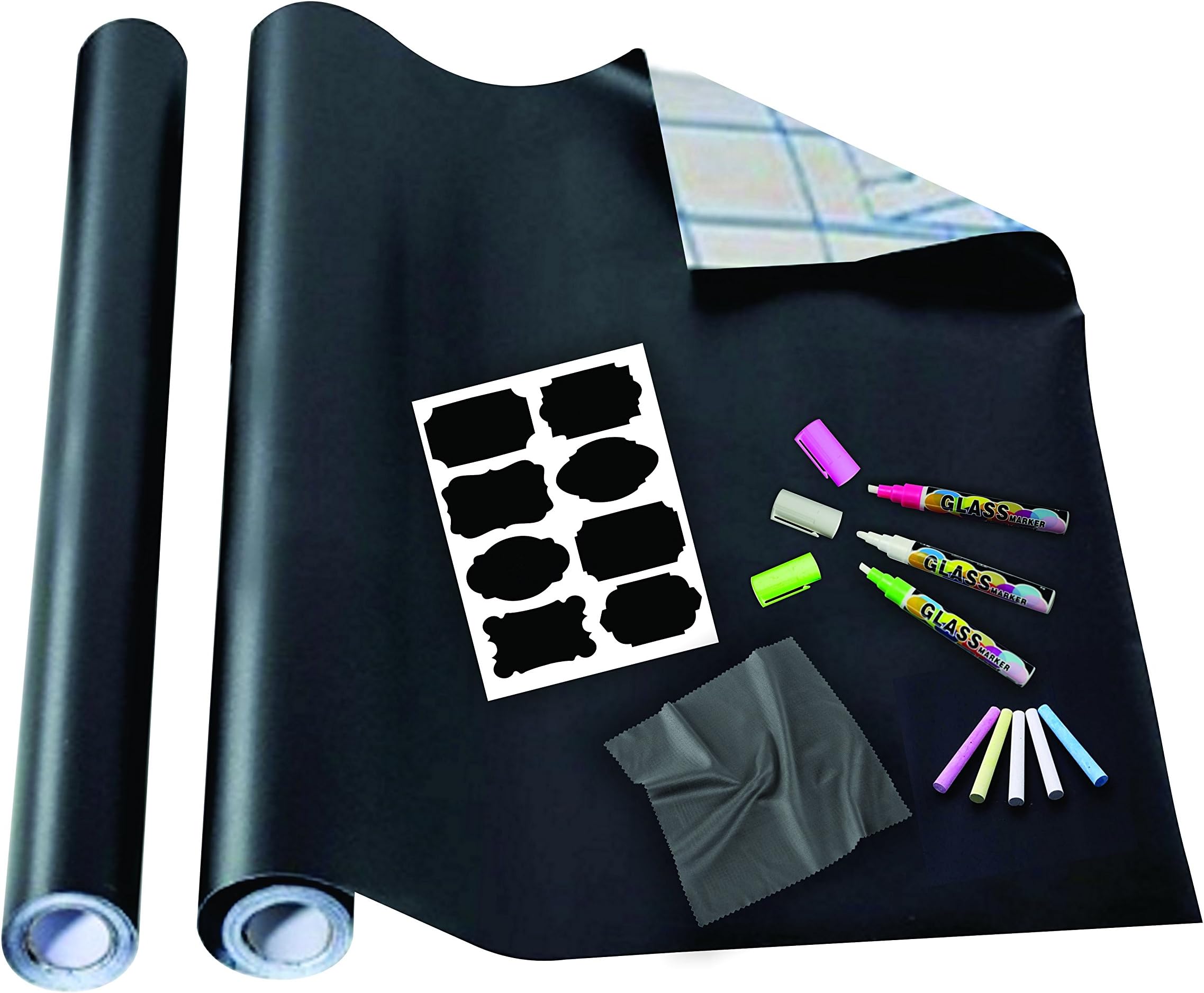 Vinyl Blackboard Write & Erase Activity Kit - Premium Blackboard Wall Decals - 2 ROLLS! Including FREE Limited Time Bonus: 3 Liquid Chalk Markers, 5 Coloured Chalk, 8 Peel & Stick Labels, Wipe Cloth.