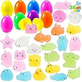 JOYIN 24 Pcs Easter Prefilled Eggs with Mochi Squishy Toys, Cute Glitter Stress Reliever Squishy Toy for Easter Theme Egg Hunt, Kids Party Favor, Basket Stuffers Filler, Classroom Prize Supplies