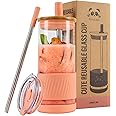 Pandaloo® Glass Cups With Lids and Straws -20 Fl Oz- Perfect Size Iced Coffee Cup - Smoothie Cup With Bamboo Lid and On the go Lid (Peach Fuzz, 1 Count (Pack of 1)
