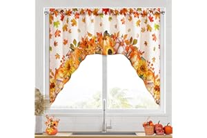 FRAMICS Fall Valance Curtains 61" W x 36" L, Thanksgiving Kitchen Curtains Valance for Windows, Maple Leaves Rod Pocket Drape Panel Curtain Valance Sunflower Pumpkin for Bedroom/Living Room, 1 Panel