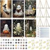 YooNotee 6 Pack Halloween Paint by Numbers with Easels Brushes, Ghost | 12x8 Inch Canvas Art Set, Acrylic Paint Included, Wooden Easels with Hooks, Beginner Friendly for Halloween Decor