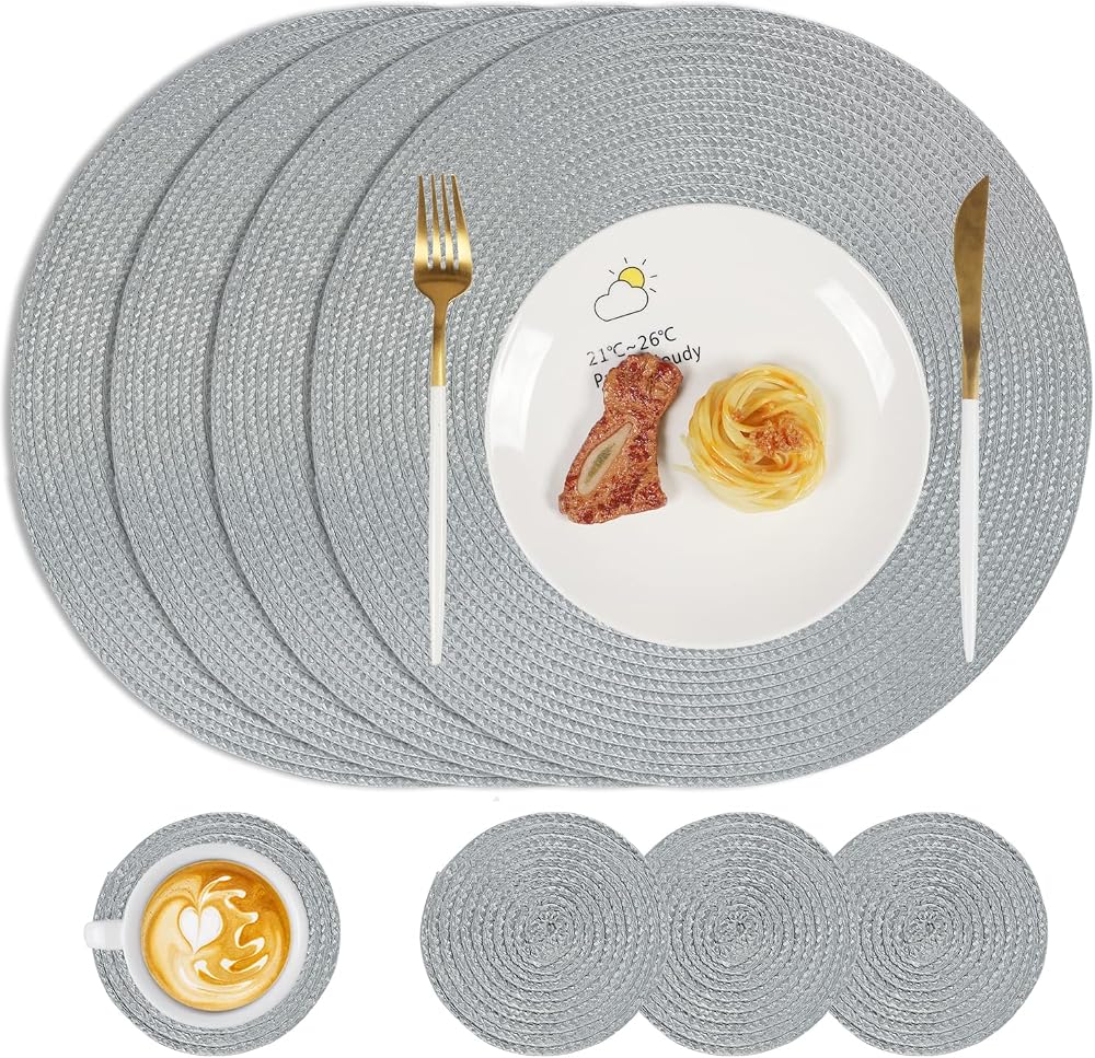 Famibay Round Placemats and Coasters Set of 4 Grey 34cm 10cm Heat Resistant