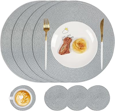 Famibay Round Placemats and Coasters Set of 4 Grey 34cm 10cm Heat Resistant