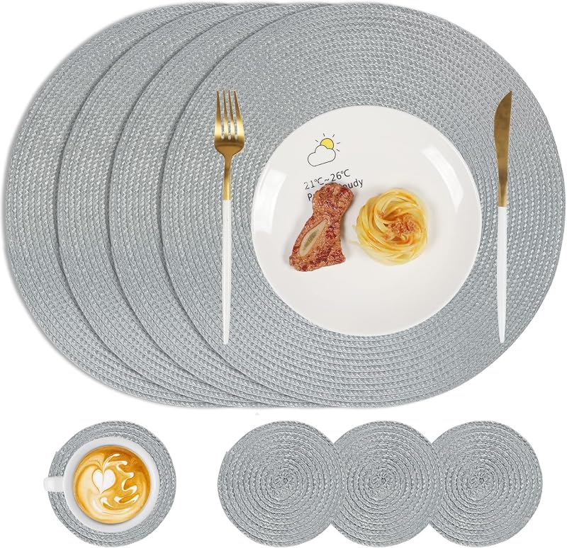 Famibay Round Placemats and Coasters Set of 4 Grey 34cm 10cm Heat Resistant