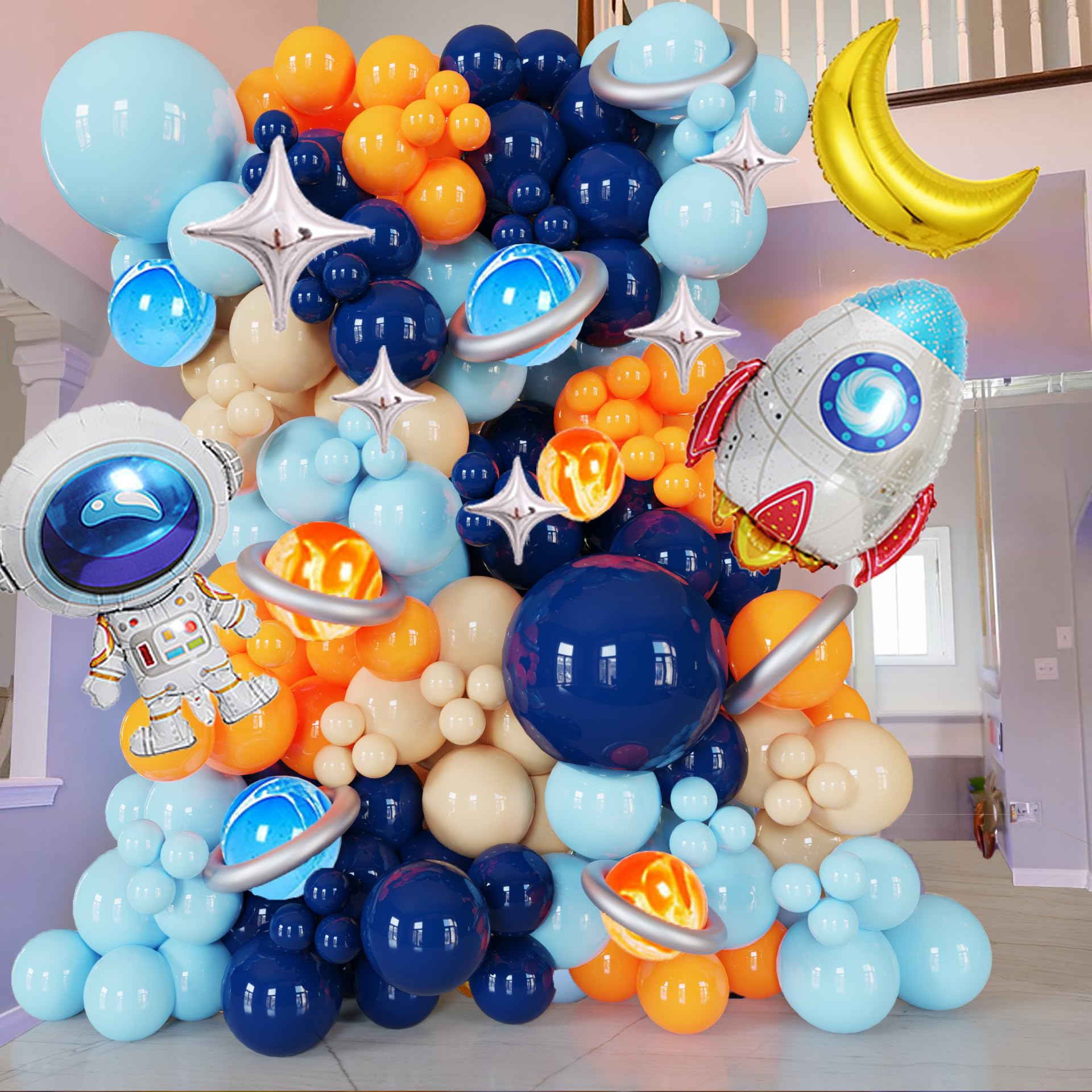 Photo 1 of 125Pcs Space Themed Balloon Arch Kit Navy Blue Orange Balloon Garland With Silver Tassels Galaxy, Astronaut & Rocket Decorations For Outer Space Parties, Boy Kid Birthday decoration