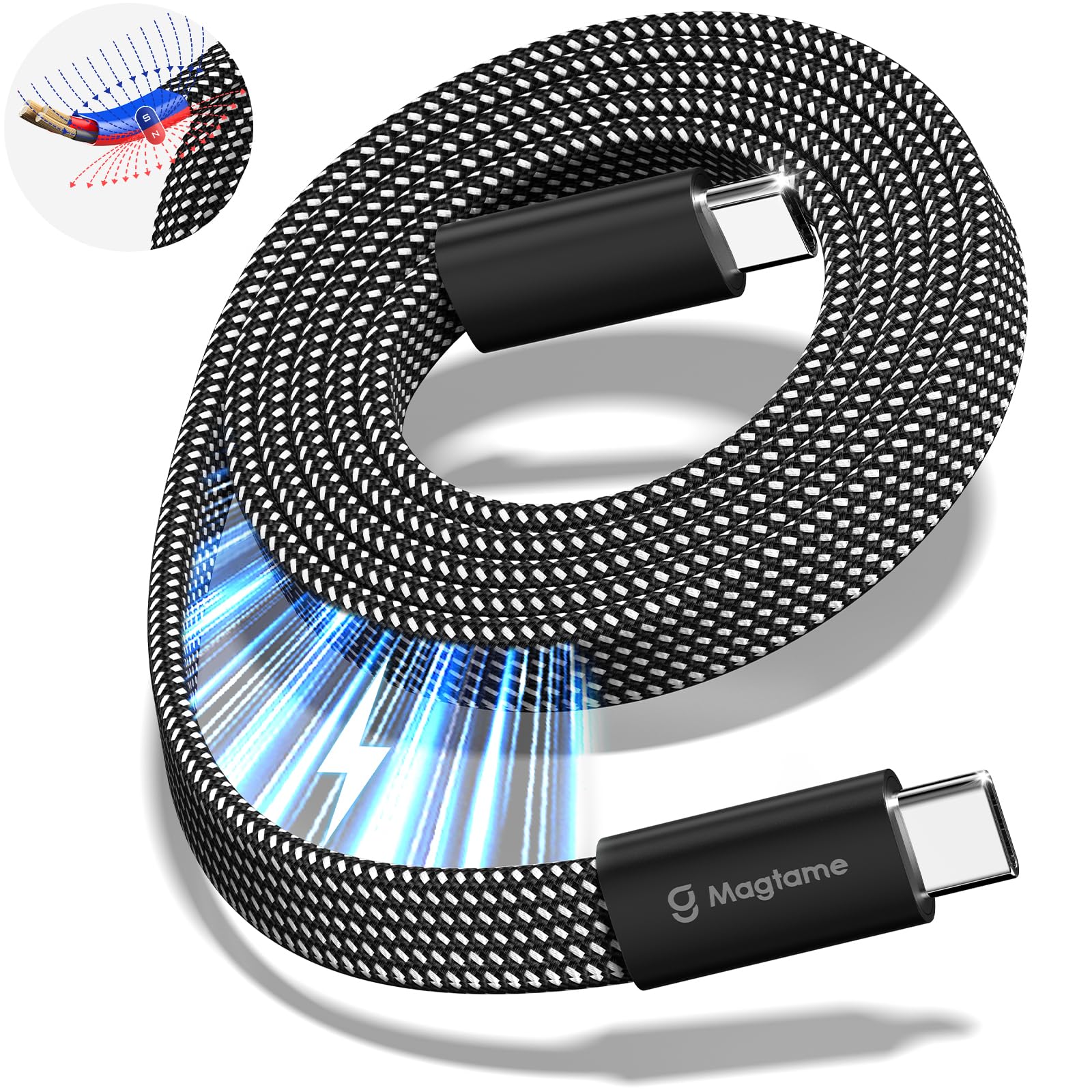 Photo 1 of Magtame Magnetic 240W USB C to USB C Cable Coiled, 5ft USB C Cable Type C Fast Charging Flat Cord Data Transfer for iPhone 15/15Pro/15Plus/15ProMax, i-Pad Pro 2020, MacOS Pro, Galaxy S24 Ultra Black