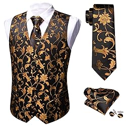 Barry.Wang Gold Black Vest for Men Silk Jacquard