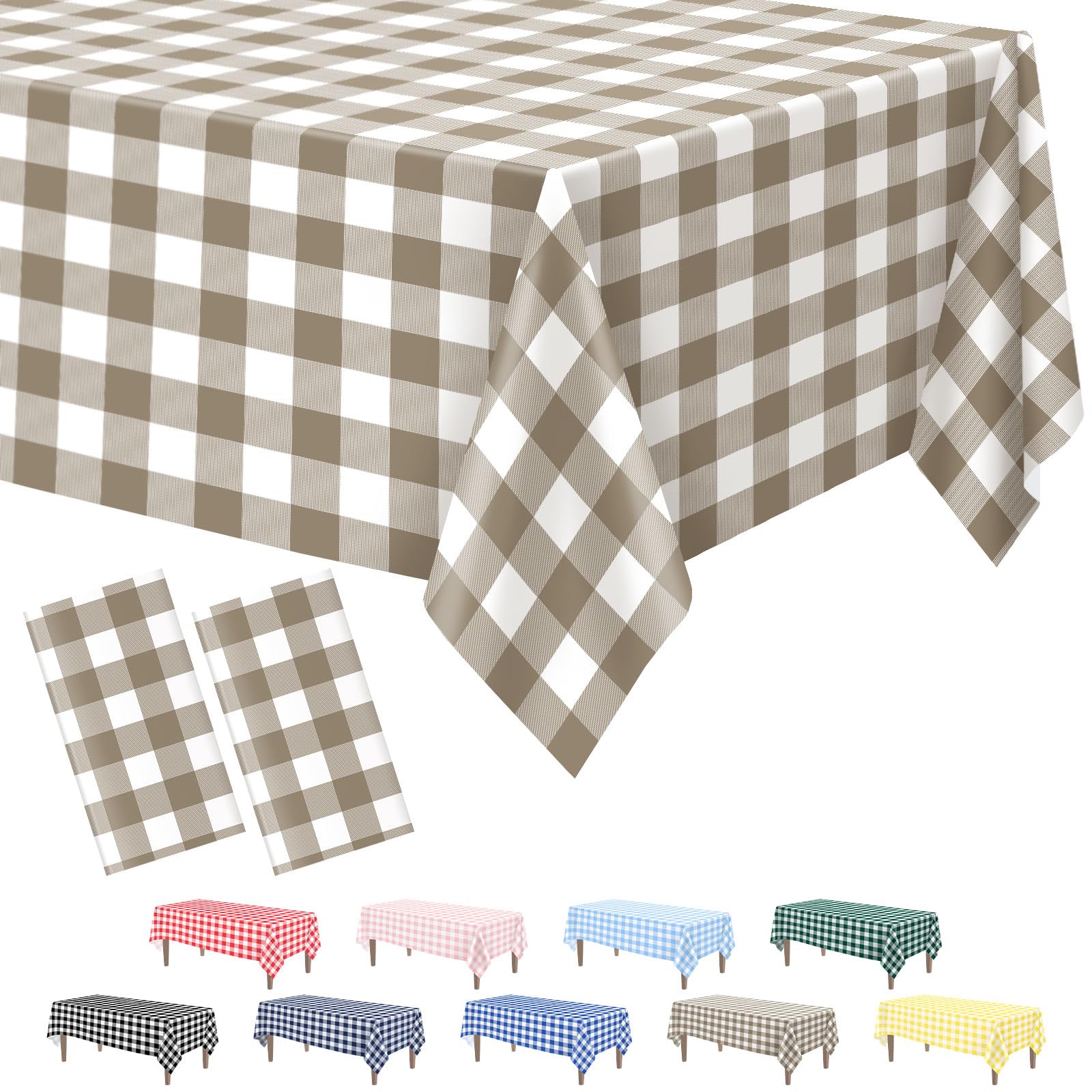 Photo 1 of 2 Pack Khaki Gingham Tablecloth, 54 x 108 Inches Khaki and White Checkered Tablecloths Plastic Table Cloth Disposable Picnic Tablecovers for Rectangle Table