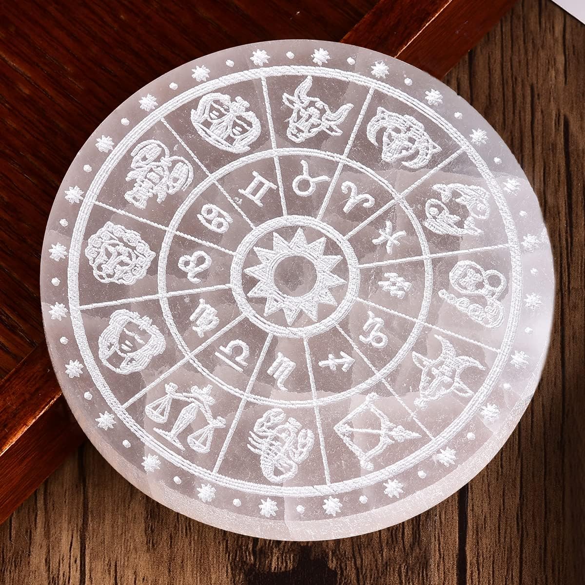 Indoor Fountains & Accessories - JIC Gem Round Etched Selenite Charging Plate 12 Star Engraved Selenite Slab Healing Crystal Charging Station 4 Inch