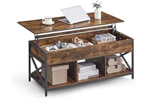 VASAGLE Lift Top Coffee Table, Lift Coffee Table with Storage Shelf, Hidden Compartments and Lifting Top, for Living Room, Office, 19.7 x 47.2 x (19.3-24.4) Inches, Rustic Brown and Black ULCT212B01