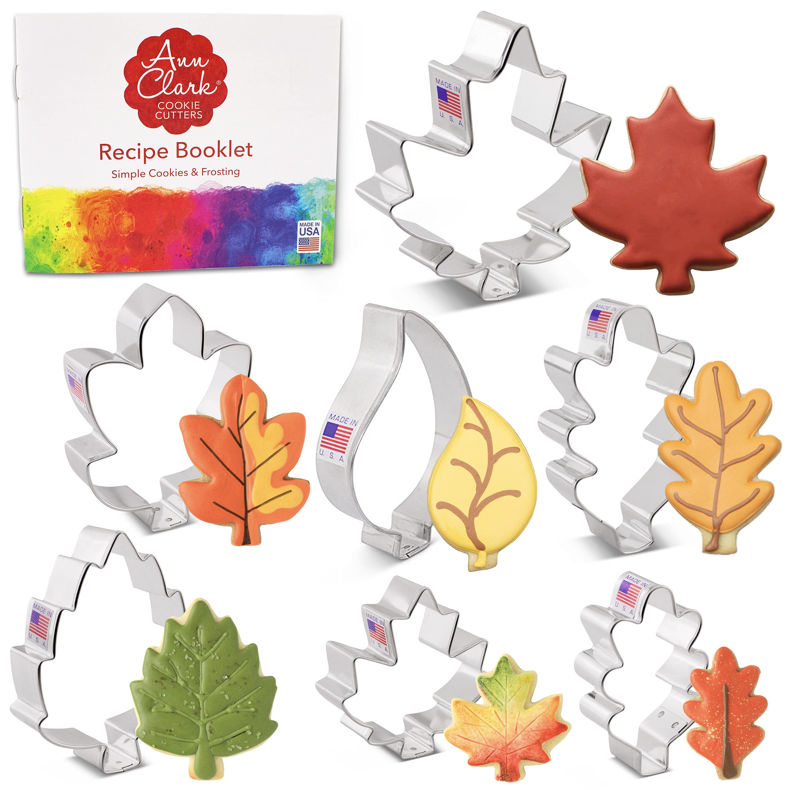 Fall Leaves Cookie Cutters 7-Pc. Set Made in the USA by Ann Clark, Oak, Teardrop, and Maple Leaf Shapes