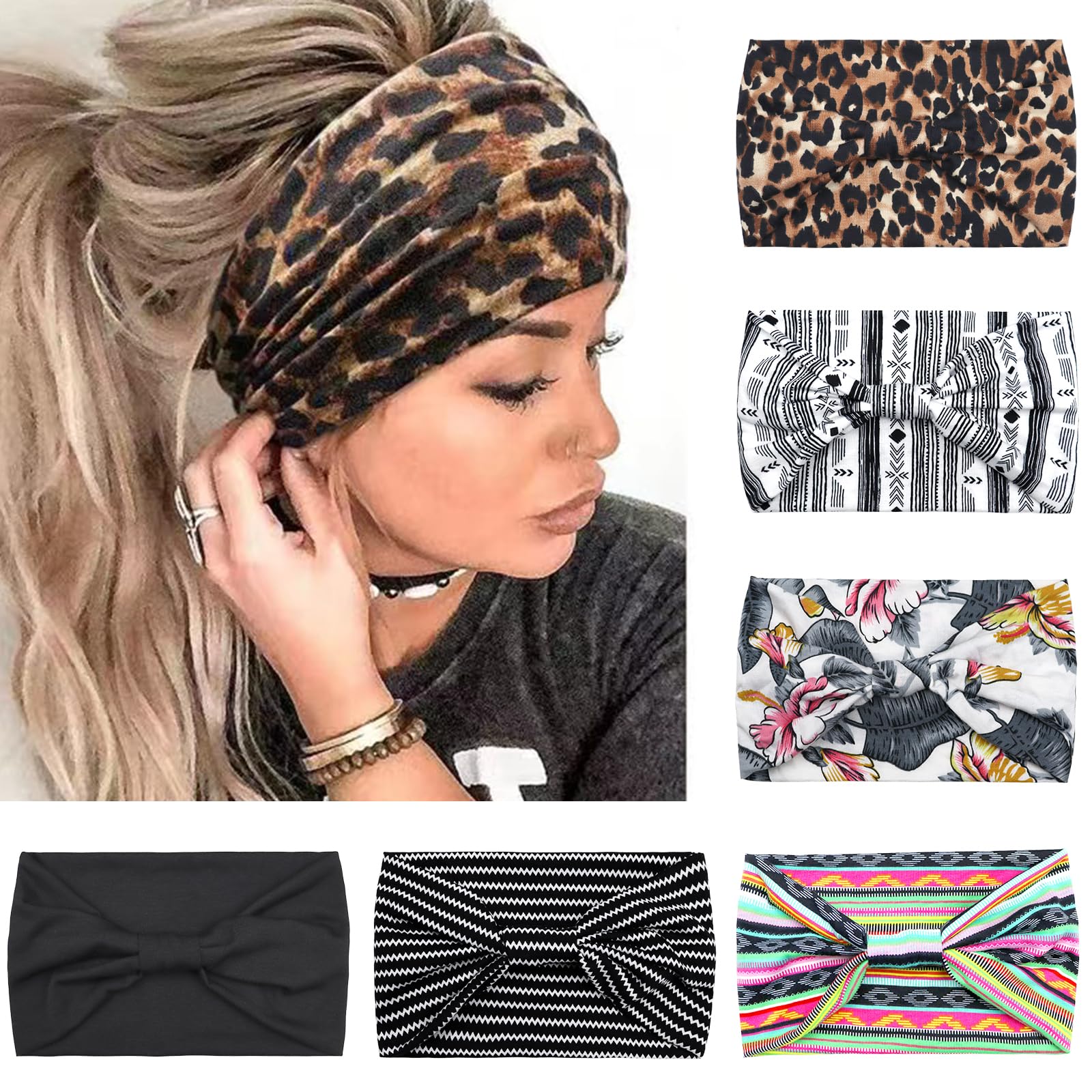 Kavya Women's Hair Bands UK, Wide Soft Ladies Boho Headbands, Leopard Print Bandanas, Adult Scarfs, Elastic Fashion Yoga Hair Bands (6 Pcs)-D — image 1