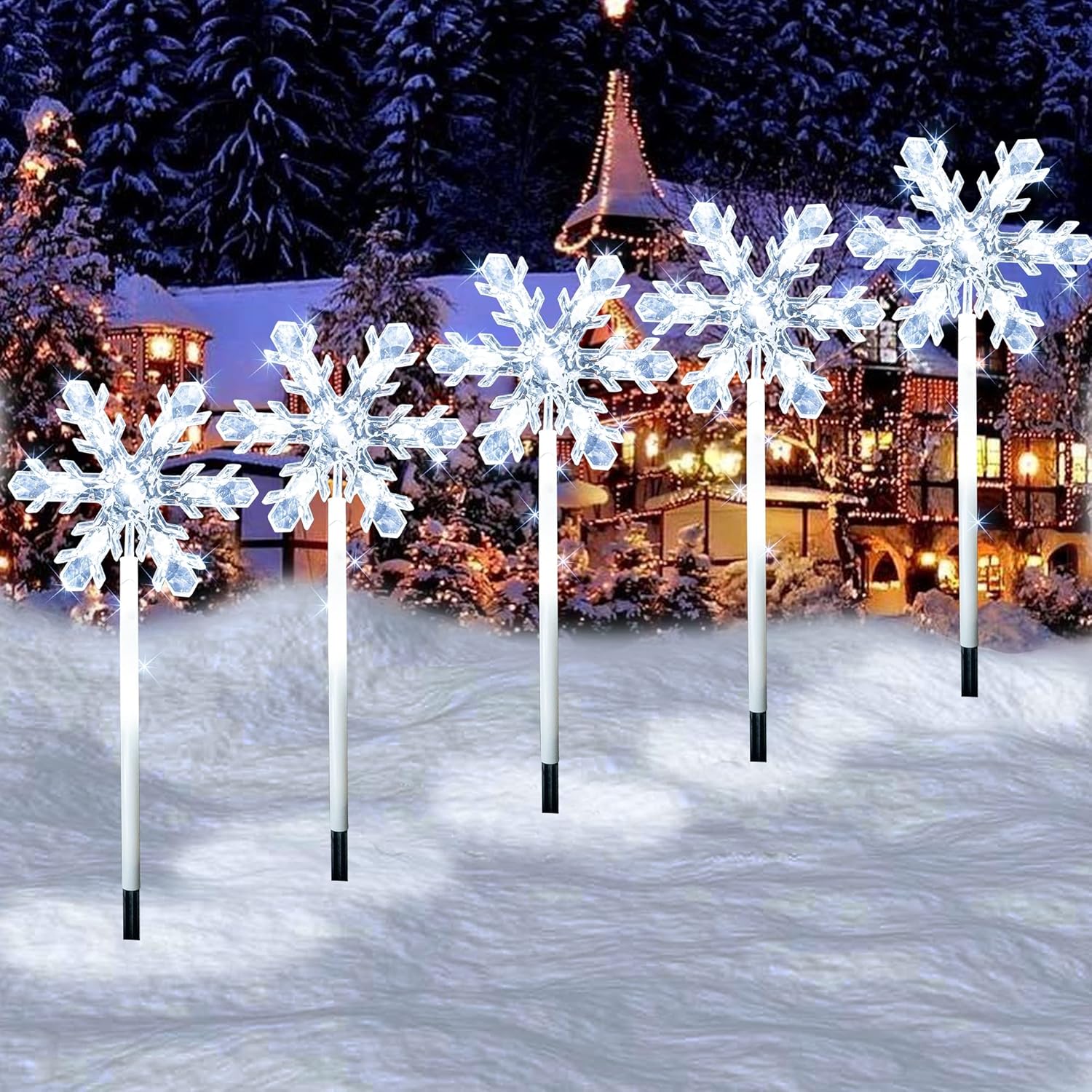 Decorative Garden Stakes - Dazzle Bright Christmas Lights Outdoor Decorations, 7.5FT Set of 5 Christmas Snowflake Pathway Lights, Waterproof Plug in White Christmas Pathway Marker Stakes for Yard Lawn Garden Decor