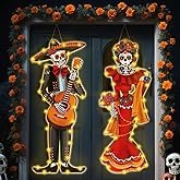 Karenhi 2 Pcs Dia De Muertos Decorations Day of The Dead Porch Decor Mexico Day of The Dead Porch Signs with LED Lights Halloween Sugar Skull Couple Catrina Decor for Mexican Fiesta Party Outdoor Wall