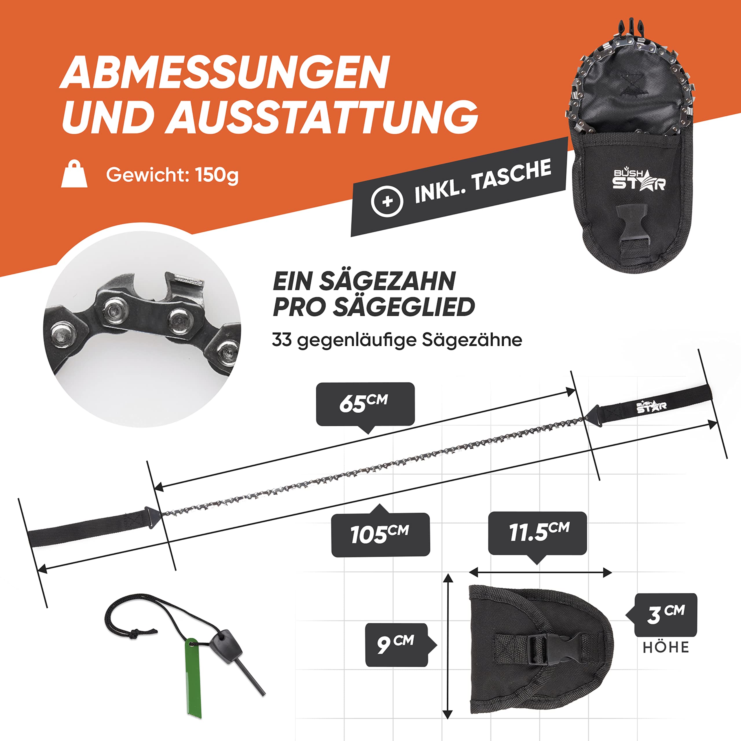 Bushstar Handkettensäge mit 33 Zähnen inkl. Gürteltasche und GRATIS FEUERSTARTER Holz schnell und einfach sägen - Premium Hand-/AST-/Holz-/Gartensäge für Survival, Outdoor & Camping 4