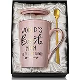 Valentines Birthday Gifts for Mom from Daughter Son - 14Oz Funny Best Mom Mug with Gold Print, Unique Pink Marble Coffee Cup with Lid Spoon Greeting Card, Mothers Day Gifts Idea, Luxury Gift Boxed Set