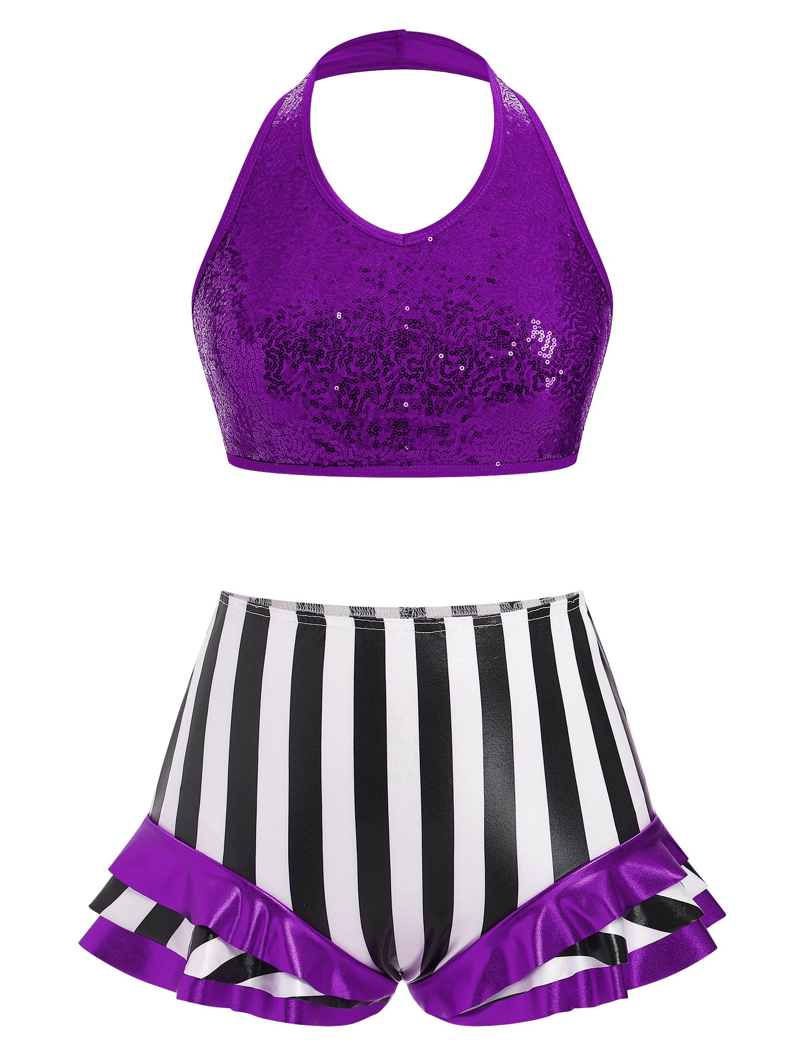Photo 1 of AFAVOM Women Trapeze Artist Circus Acrobat Costume Halter Sparkle Sequin Bra Top + Striped Ruffle Dance Shorts for Stage Performance Dancewear Gymnastics Ballet Leotard Lyrical Dress Outfit Purple S