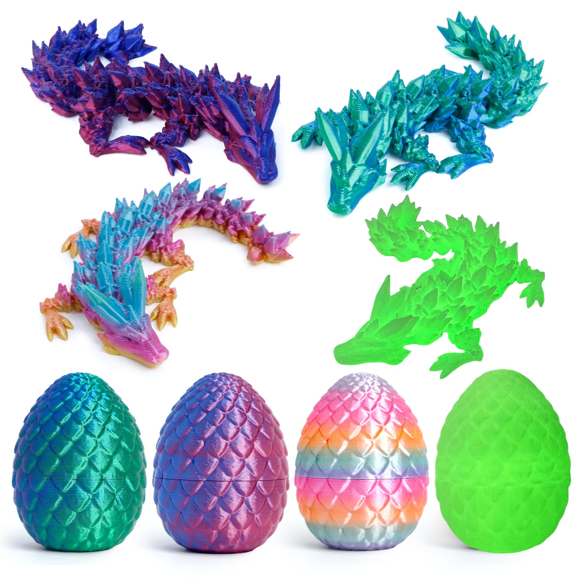 Easter Basket Stuffers - 4PCS 3D Printed Dragon Eggs with Dragon Inside, Mini Mystery Egg Articulated Crystal Fidget Toy, Home Office Decor Executive Gifts, Surprise 3D Printed Animals Toy Set (Set B)