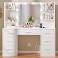 Quimoo Large Vanity Desk with LED Lighted Mirror & Power Outlet,Makeup Vanity Table with 7 Drawers,4 Shelves and 5 Hooks,Vani
