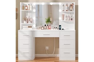Quimoo Large Vanity Desk with LED Lighted Mirror & Power Outlet,Makeup Vanity Table with 7 Drawers,4 Shelves and 5 Hooks,Vanity Table, Vanity Desk Set for Bedroom,Bathroom,White