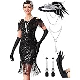 MTITE Great Gatsby Dresses 1920s for Women, Vintage Long Fringe Dress Roaring 20s Sequins Beaded Dress with Accessories Set