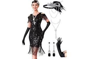 MTITE Great Gatsby Dresses 1920s for Women, Vintage Long Fringe Dress Roaring 20s Sequins Beaded Dress with Accessories Set
