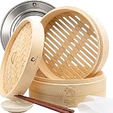 HAPPI STUDIO Bamboo Steamer Basket 10 Inch, Extra Deep Dumpling Steamer Set | Incl. Silicone Liners & Steel Ring, Steam Baske