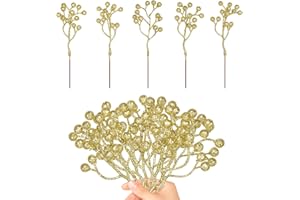DIYASY Glitter Gold Berry Stems, 20 Pcs Artificial Christmas Tree Picks Decorations Christmas Tree Filler Ornaments DIY Xmas Wreath Holiday Home Decor