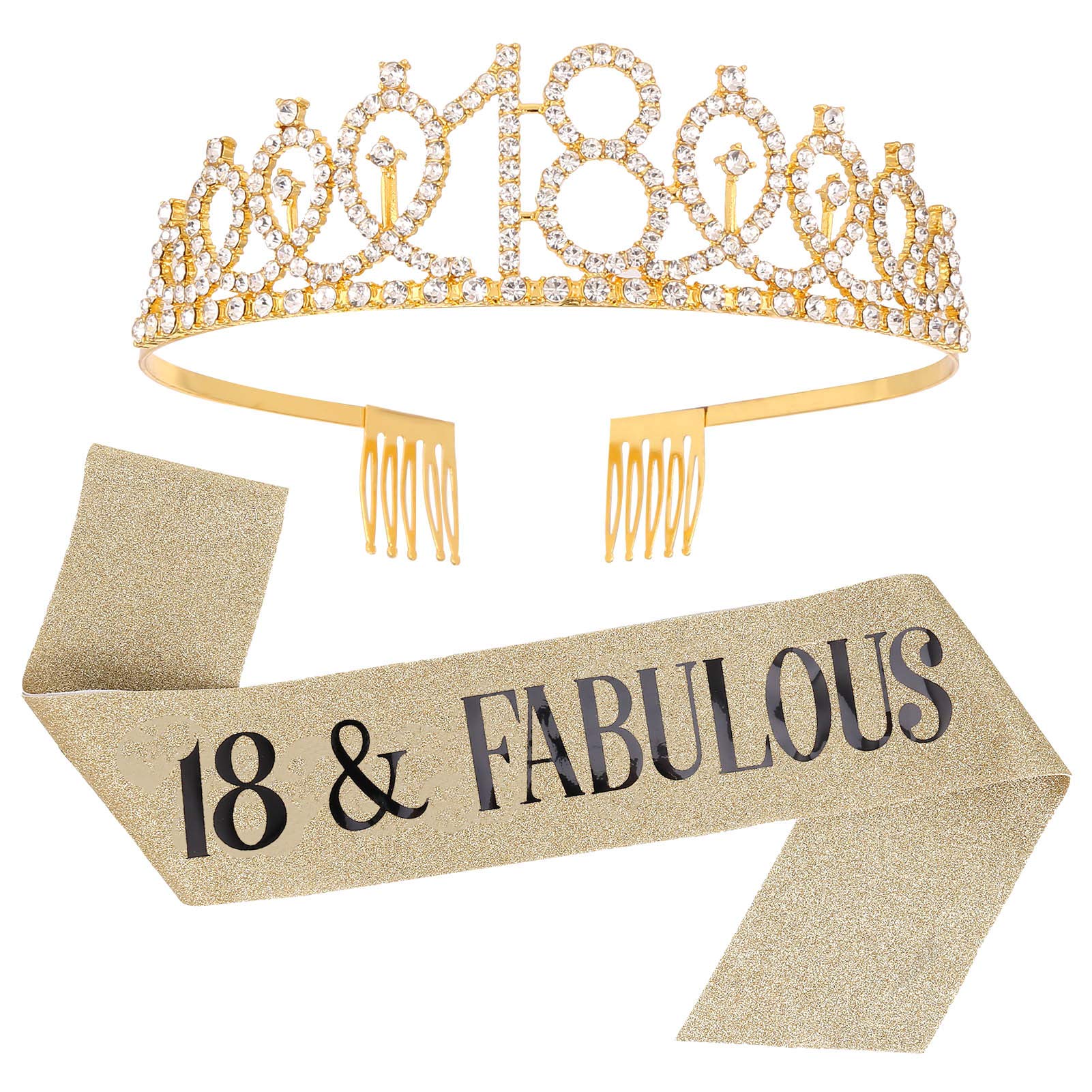 SUSSURRO "18 and Fabulous Sash and Rhinestone Tiara Set,18th Birthday Gifts Birthday Sash for Women Birthday Party Supplies( Gold)