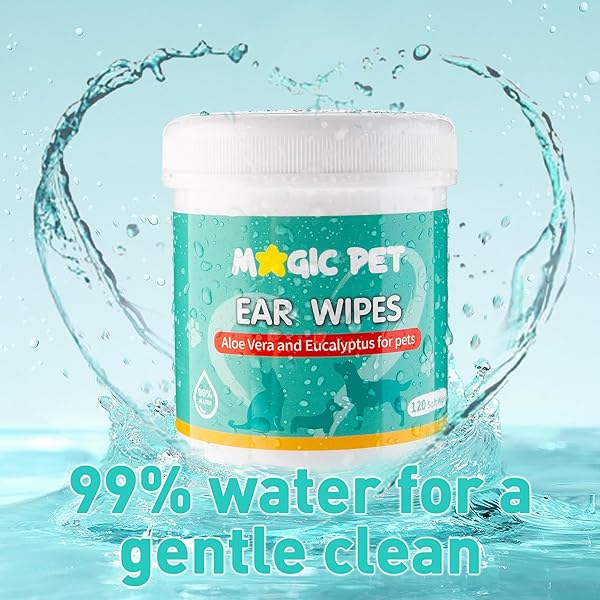 MAGIC PET – DOG EAR CLEANER WIPES — 120 GROOMING WIPES W/ALOE VERA & EUCALYPTUS — GENTLE 99% WATER PET EAR WIPES FOR ODOR & WAX REMOVAL — OTIC DOGS & CATS EARS CLEANSER ITCH-FREE PET GROOMING SUPPLIES