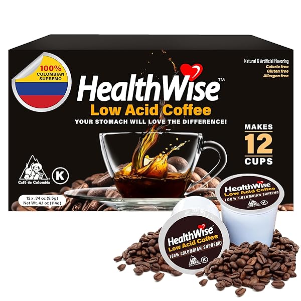 HEALTHWISE LOW ACID COFFEE K-CUPS – SOOTHE ACID REFLUX & HEARTBURN, GENTLE ON SENSITIVE STOMACHS, EASES DIGESTIVE DISCOMFORT – CLASSIC COLUMBIAN SUPREMO (UNFLAVORED) – 12 COUNT (PACK OF 1)