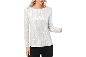 Anna-Kaci Women's Long Sleeve Sequin Crew Neck Top Sparkly Party Blouse with Lined Interior