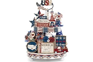 Seeloowy 26 Pcs 4th of July Patriotic Tiered Tray Decoration Independence Day USA Flag Wood Signs Rustic Wooden Tiered Tray Decorations for Labor Day Memorial Day Home Party
