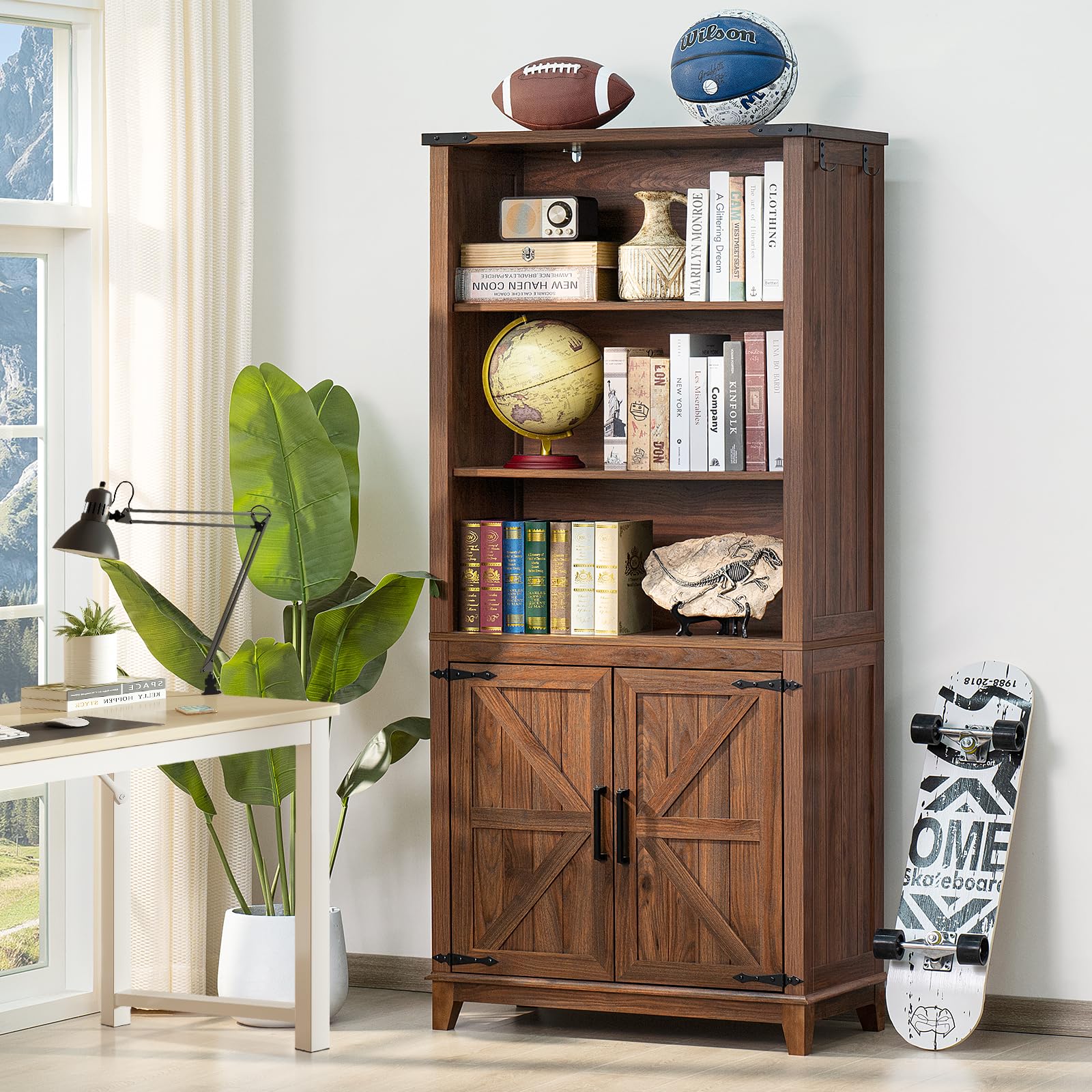 Joaxswe 70in Tall Bookshelf 5 Tier Bookcase with Barn Doors and Adjustable Shelves, Brown Farmhouse Book Shelf with Storage Cabinet, Wood Freestanding Display Bookshelves for Bedroom, Living Room