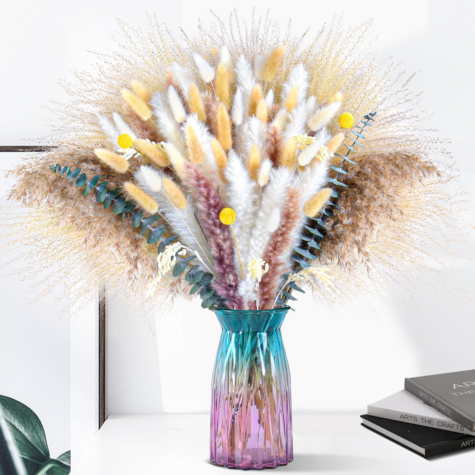 Photo 1 of 102pcs Dried Pampas Grass Flower Bouquet Decor-White Pompas Grass,Bunny Tails,Reed Grass Bouquet-Eucalyptus-Golden Ball for Boho Home Table Decor,Wedding Boho Flowers&Vase Fillers