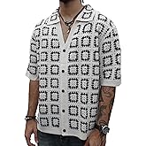 Arcciit Mens Grunge Y2K Crochet Button Down Shirt Lightweight Streetwear Mesh Fashion Short Sleeve Concert Festival