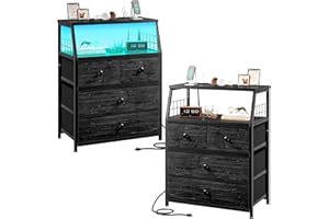 EnHomee Nightstands Set of 2 Nightstand with Charging Station & LED Lights Black Nightstands Set of 2 nightstand with Dresser Drawers and Storage Shelves Night Stand with Outlets and 2 USB Ports