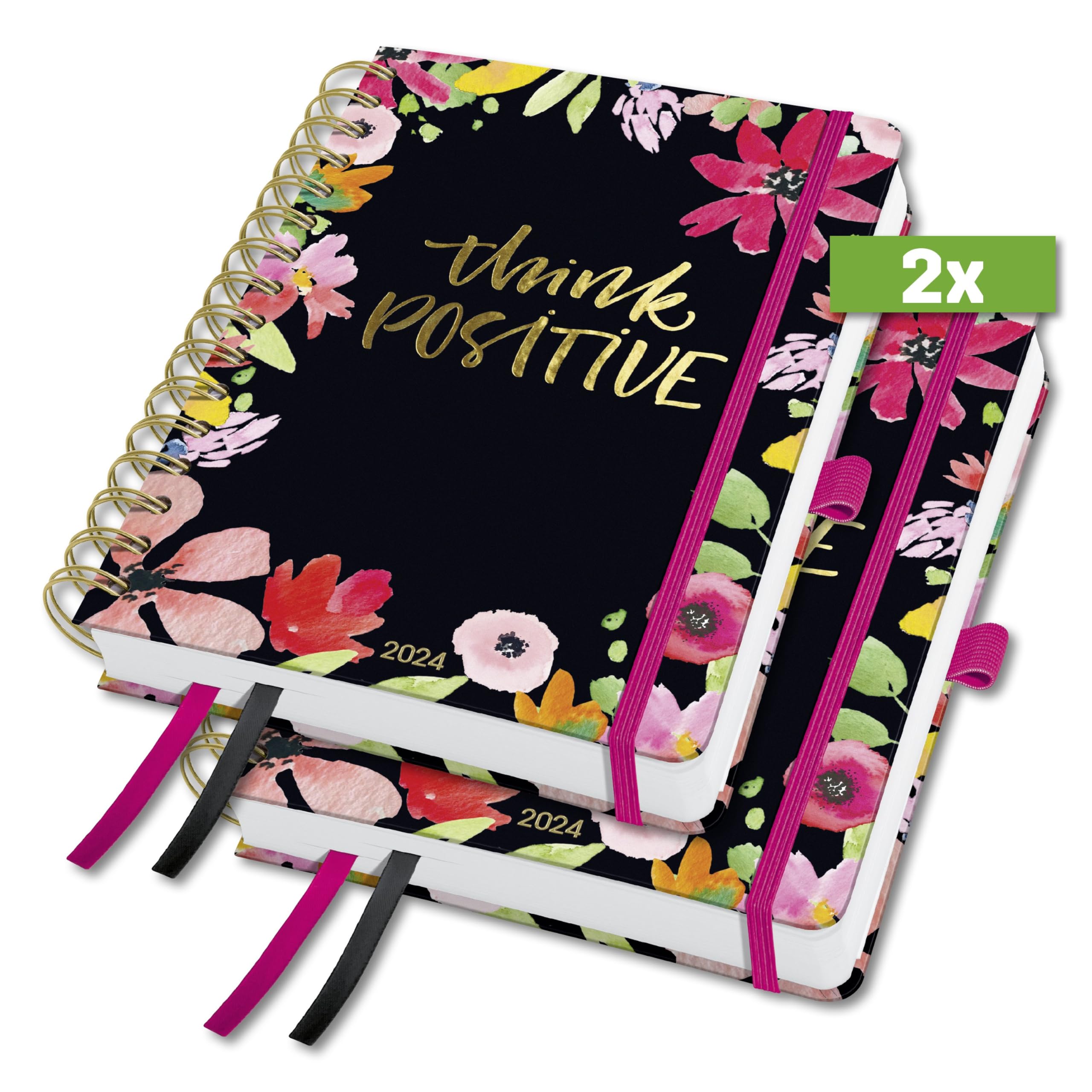 SIGEL J4600 Jolie Spiral diary 2024, Flower Love, 16,8 x 21,5 cm, hardcover, 240 pages, Black, Pink, 2 Pieces