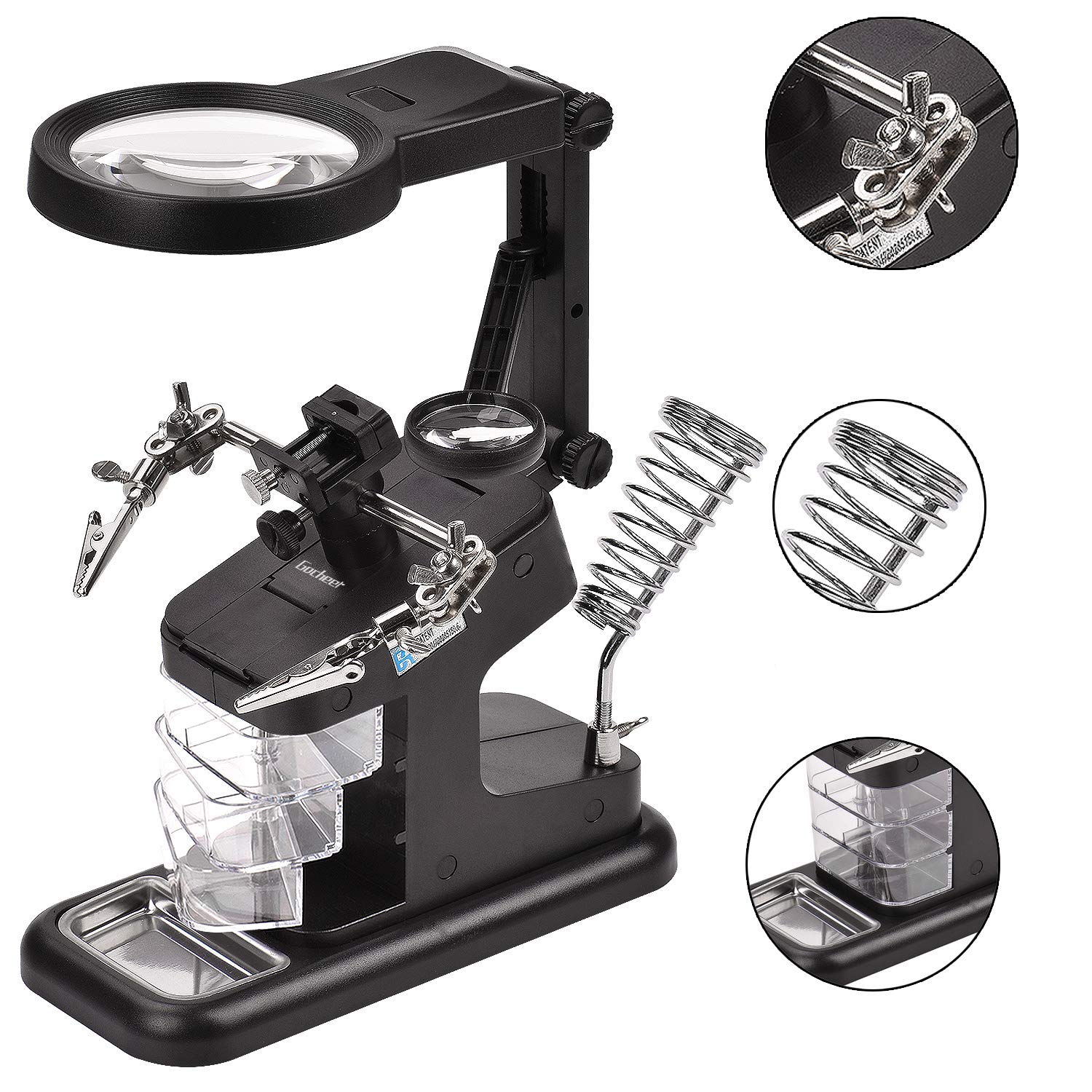 Gocheer Lupa de soldadura multifuncional 3X / 4,5X / 25X Lupa de manos con ayuda de luz LED con pinza y pinzas de cocodrilo-Lupa para soldadura, ensamblaje, reparación y modelado，lupa lectura