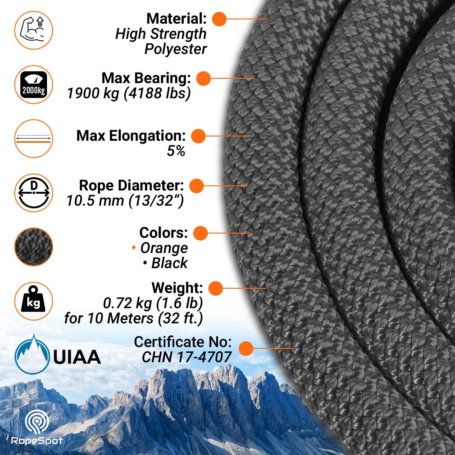 Powerful Static Rock Climbing Rope (Black, 96) : Sports & Outdoors