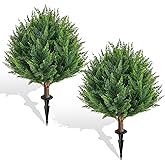 24.5”Artificial Cedar Topiary Ball Tree Set of 2 with Ground Spikes, UV Resistant Artificial Bushes Fake Plants for Home Front Door Offices
