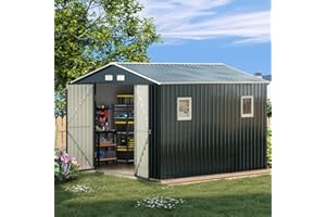 Breezz Outdoor Storage Shed 10X10FT. Utility Tool Shed Metal Storage Garden Shed with Lockable Doors, Windows & Metal Frame Floor for Patio Storage, Midnight Blue