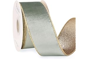 Ribbli Dusty Green Velvet Ribbon Wired 2.5 Inch Glossy Velvet with Champagne Glitter Christmas Ribbon for Christmas Tree Decoration Big Bow Gift Wrapping Crafts Wreaths Supplies - Continuous 10 Yards