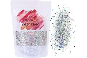 ESTANOITE 100g Holographic Glitter, Cosmetic Mixed Hexagon Chunky & Fine Craft Glitter Resin Sequins for Epoxy, Resin Art, Body, Hair, Face, Nail, Slime, Tumblers (Silver)