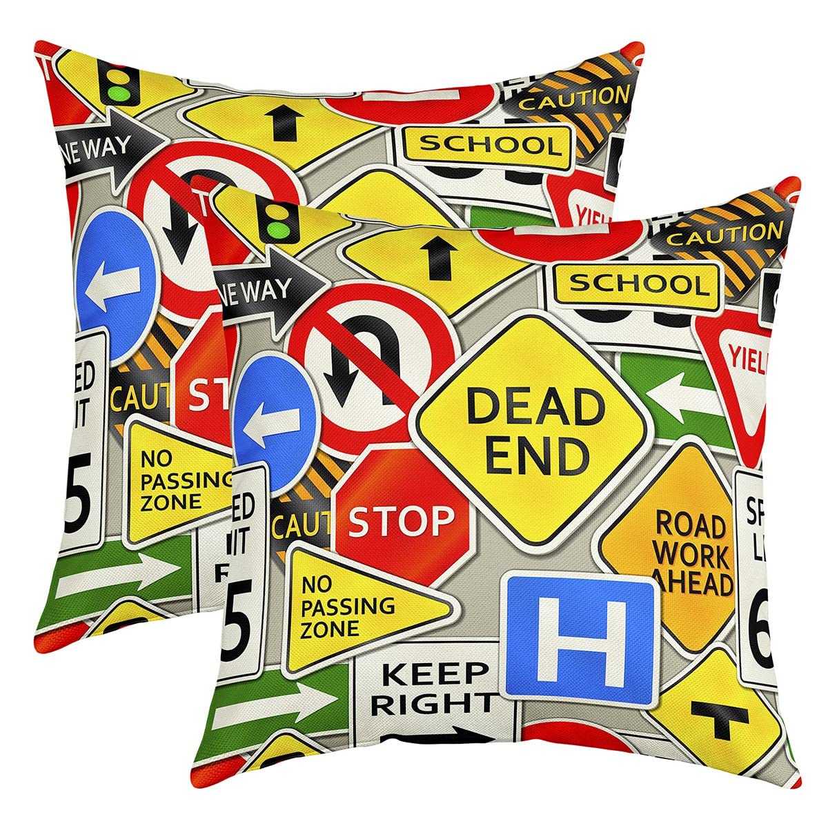 Loussiesd Set of 2 Car Throw Pillow Covers Cartoon Road Sign Cushion Case for Home Living Room Decor Reversible Vehicle Theme Colorful Signpost Decorative Throw Cushion Case 20x20 Inch — image 1