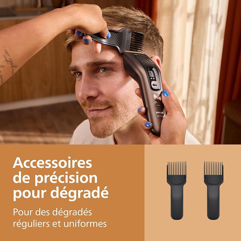 série 9000 – tondeuse cheveux pour hommes et femmes, lames auto-affûtées, 28 hauteurs de coupe par paliers de 1 mm, sabot Trim-and-Flow,autonomie jusqu’à 180 min,kit barbier 4 pièces,HC9721/15