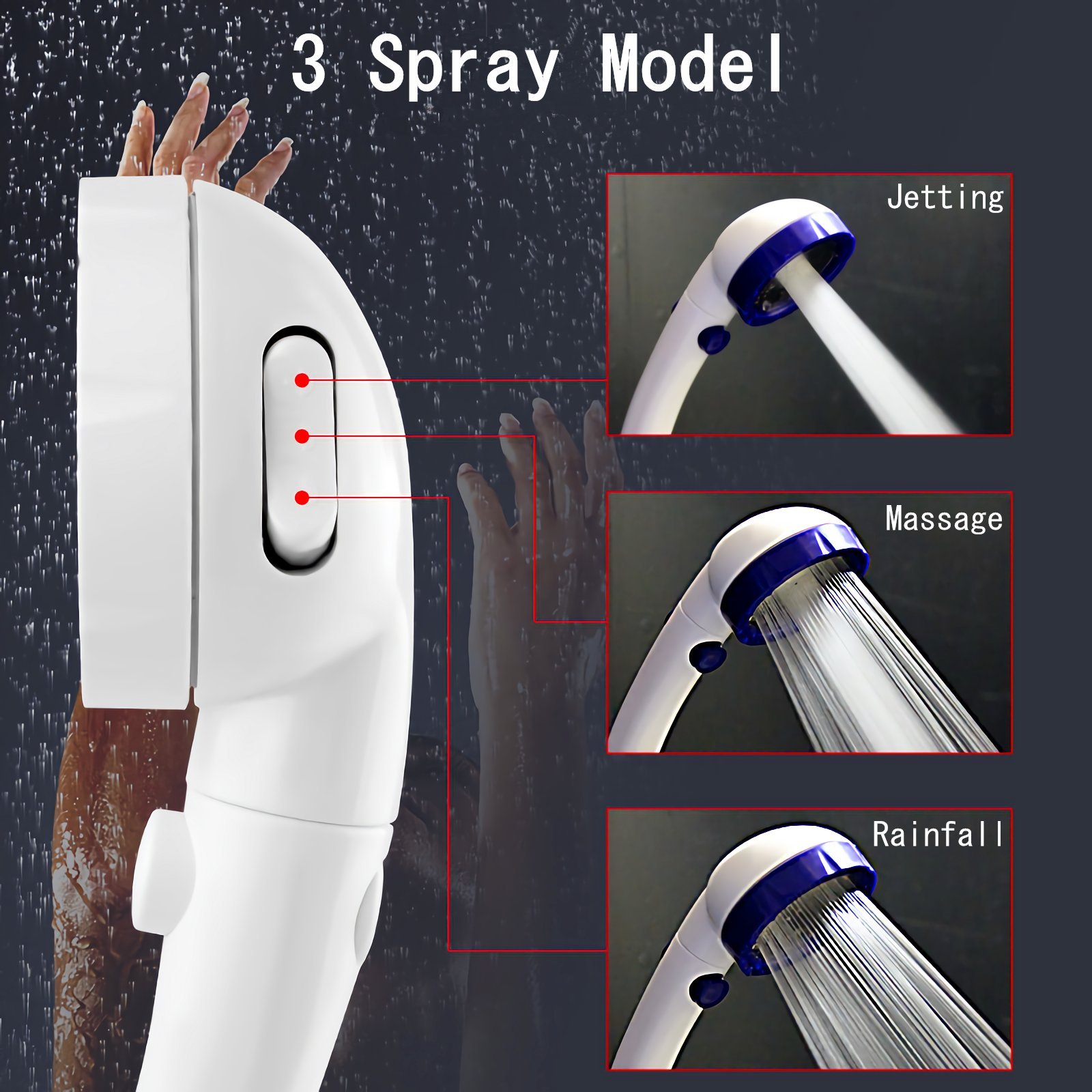 BELZN High Pressure Shower Head - Water Saving Handheld Showerhead - 3 Spray Model Shower Rain Head with 1 key to Stop/Spouting flow