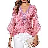 Timeson Women's Ruffle 3/4 Sleeve Sparkly Tops Sequin V Neck Blouses Dressy Fall Shirts
